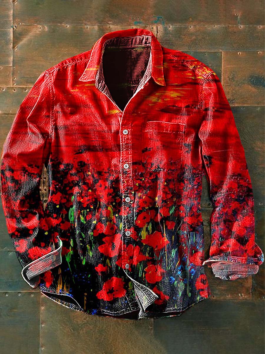 Chemise décontractée à manches longues pour homme Vintage Poppy Abstract Print