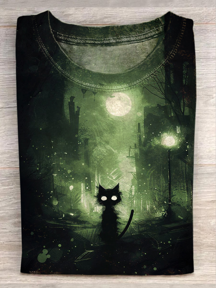 Unisex Dark Cat imprimé Vintage Fashion lâche T-shirt à manches courtes