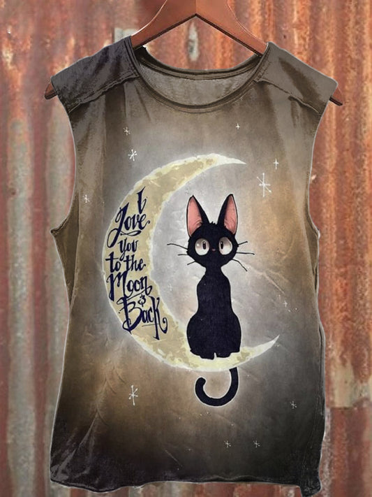 Débardeur décontracté en coton à imprimé unisexe Moon Black Cat Art Illustration