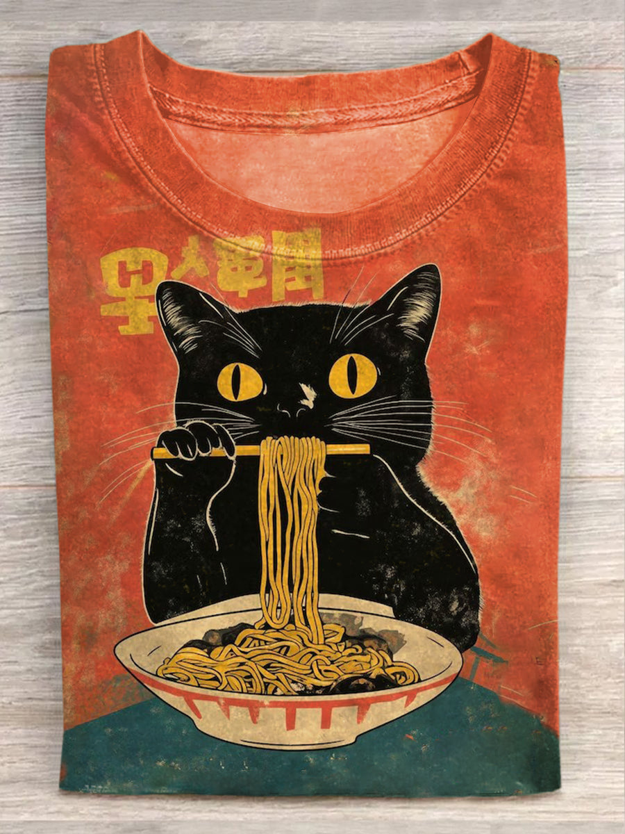 Chat noir unisexe manger Ramen imprimé mode Vintage lâche T-shirt à manches courtes