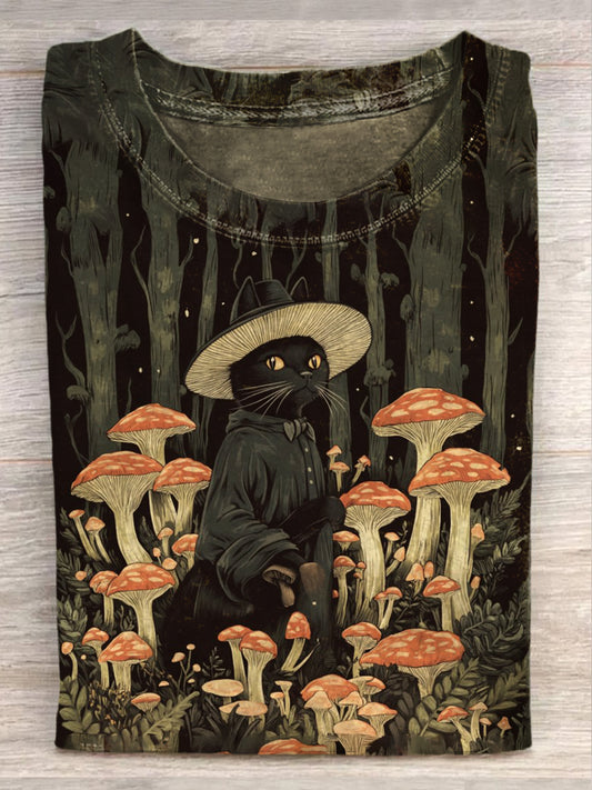 Unisex Vintage Champignon Noir Chat Imprimé Vintage Mode T-shirt lâche à manches courtes