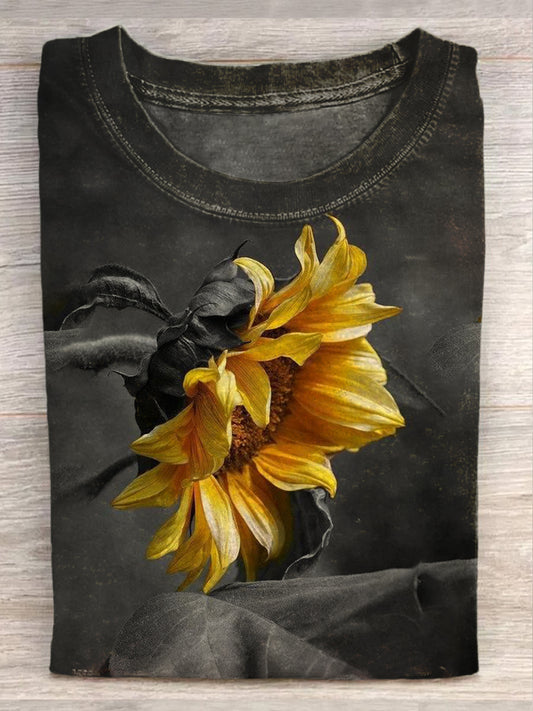 Unisexe Vintage Tournesol Imprimé Mode Vintage Loose T-shirt à manches courtes