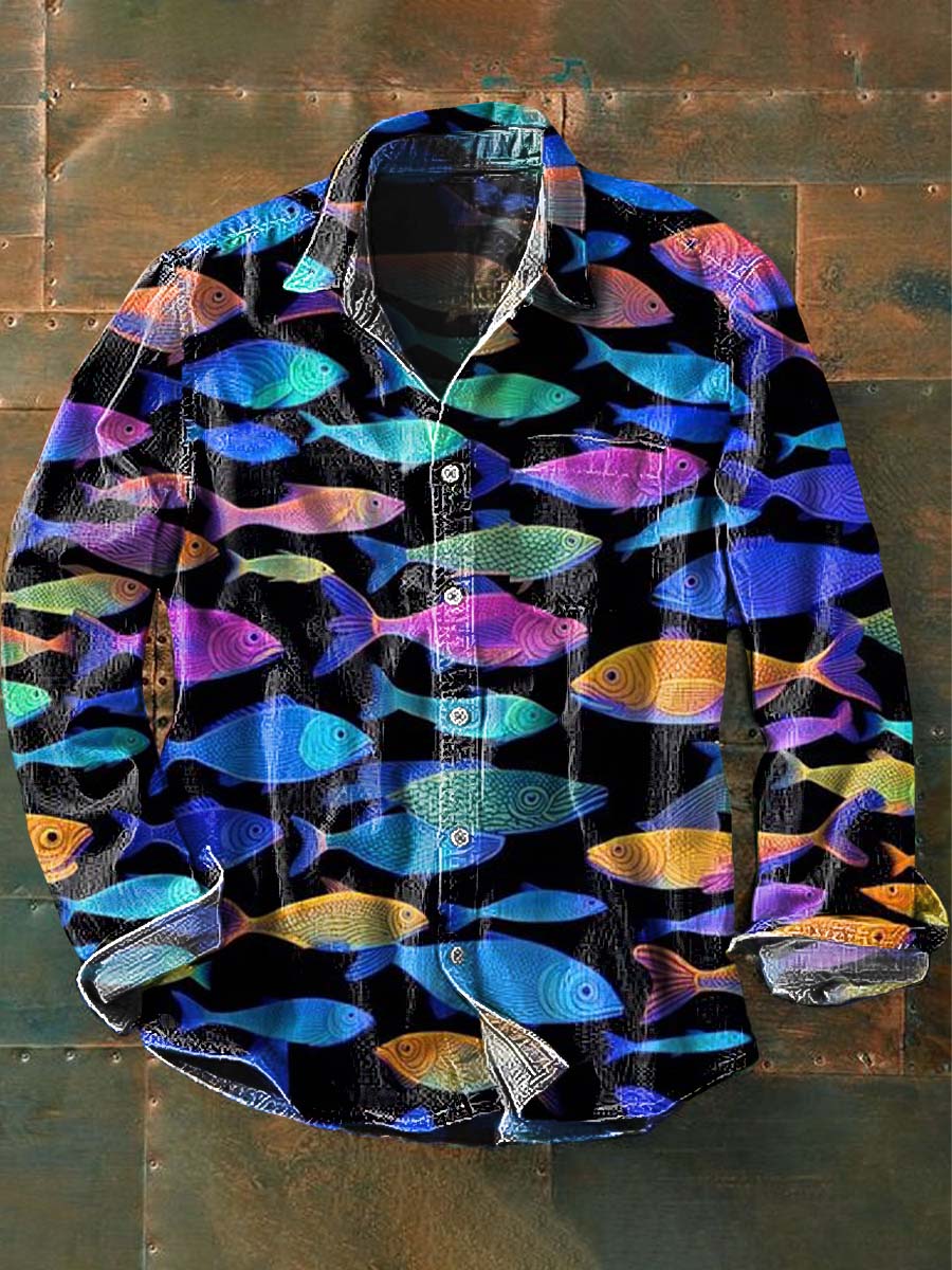 Chemise à manches longues décontractée à imprimé poisson coloré pour hommes