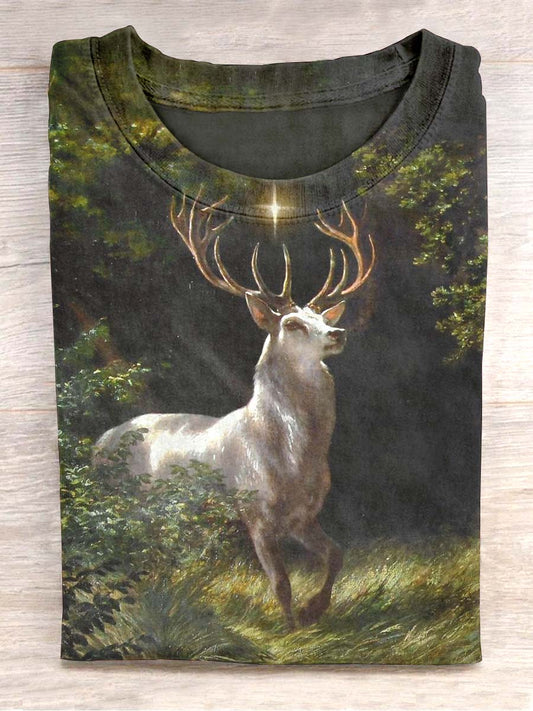 Cerf unisexe dans les bois T-shirt décontracté à manches courtes imprimé