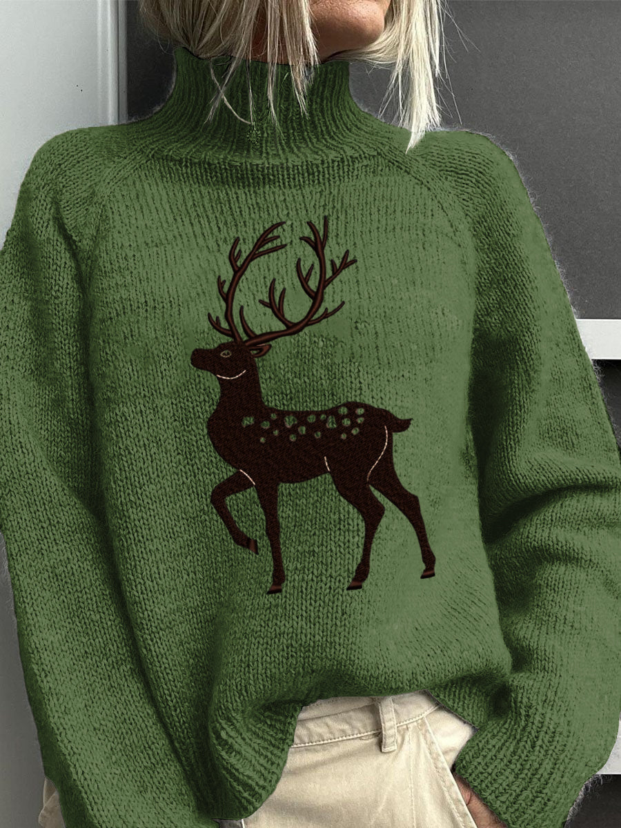 Vintage Lovely Deer Broderie Imprimer Tricot Pull col roulé des femmes