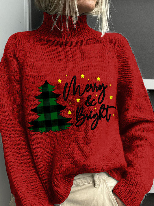 Vintage Lovely Christmas Tree Broderie Imprimer Tricot Pull à col roulé pour femmes