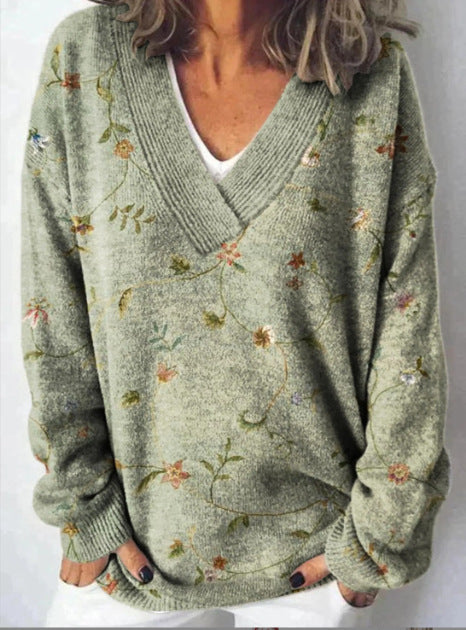 Joli pull en tricot à col en V imprimé floral