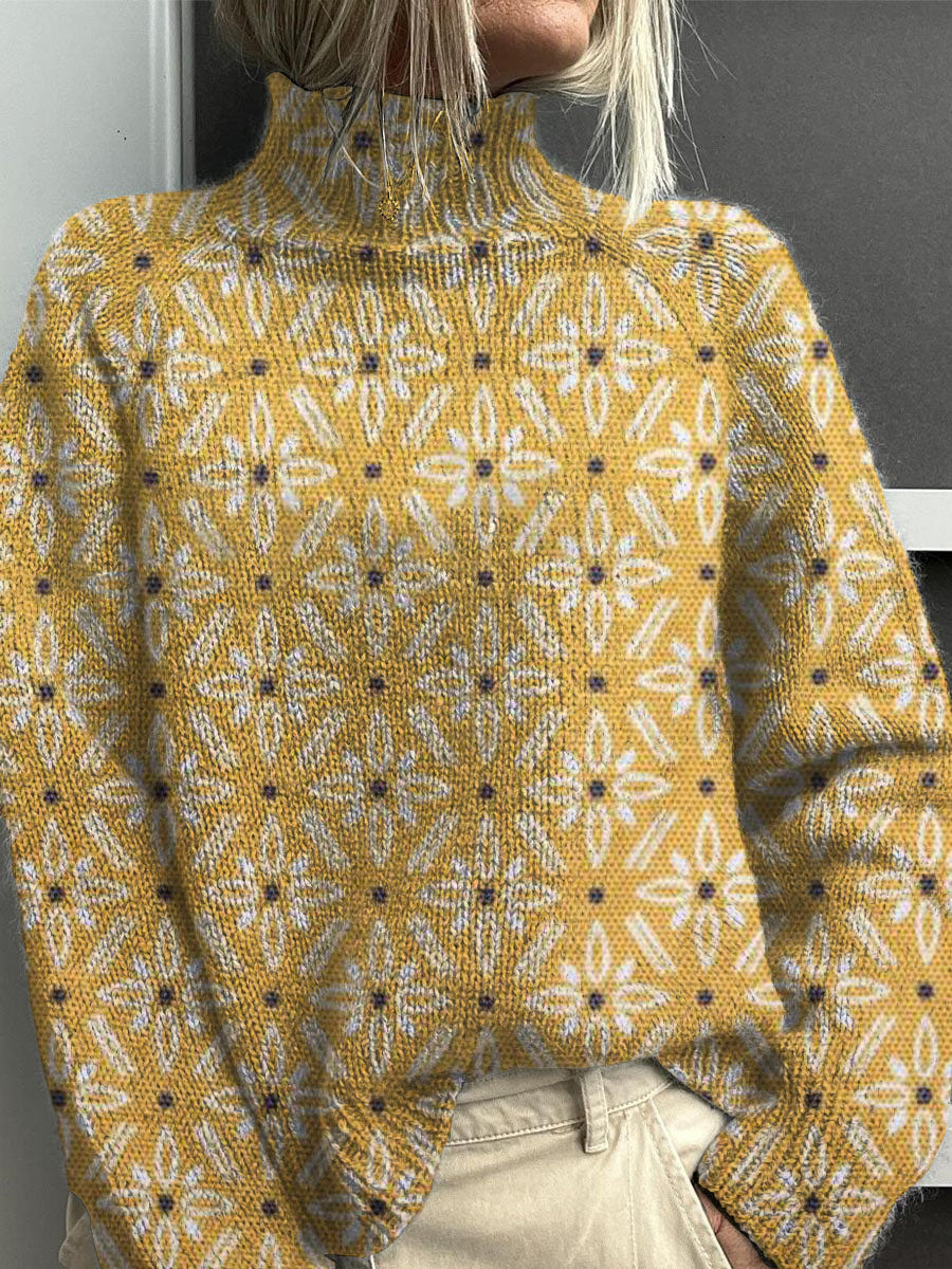 Vintage Lovely Floral Art Print Knit Pull à col roulé pour femmes