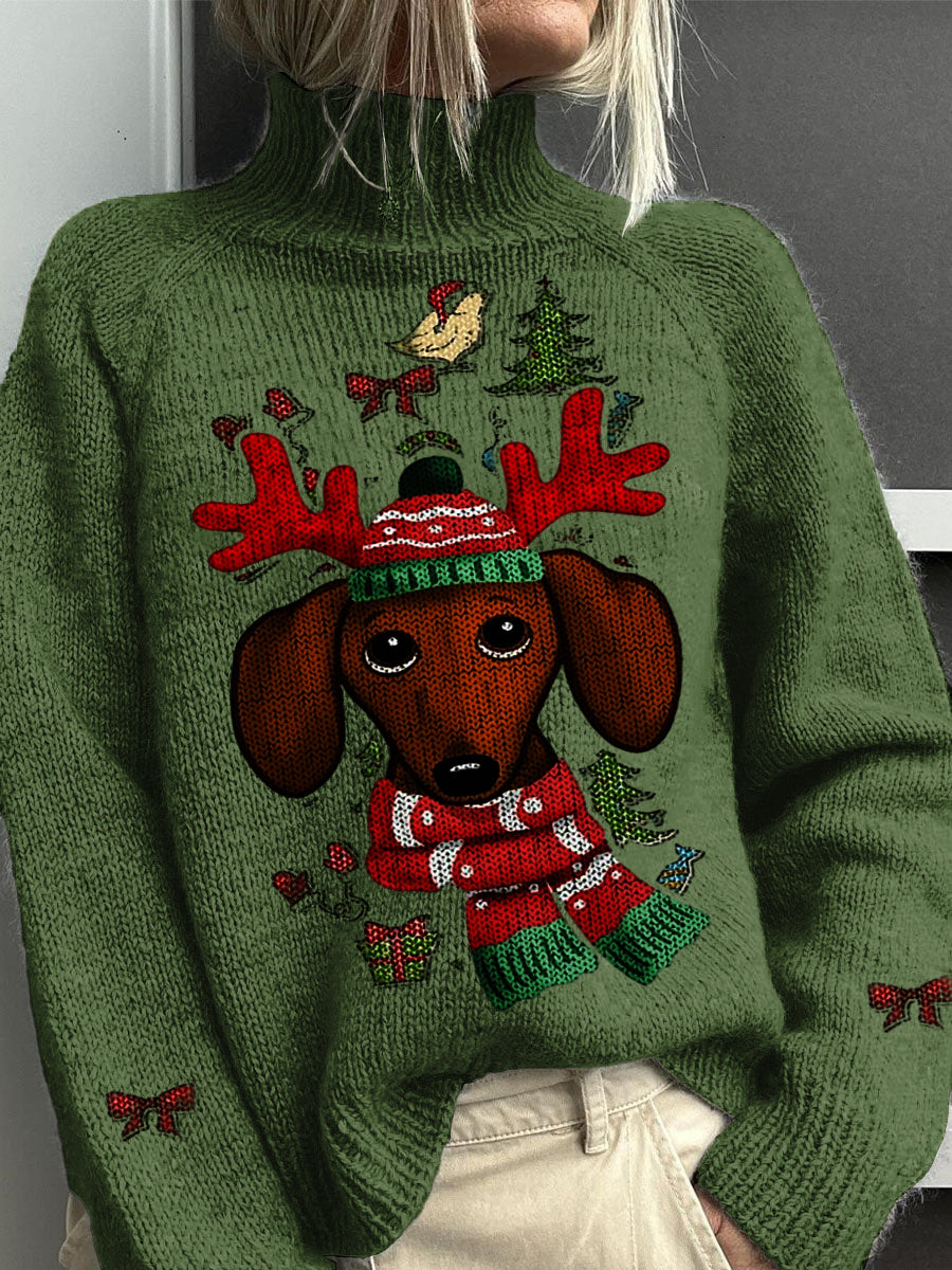 Vintage Lovely Christmas Dog Broderie Imprimer Pull à col roulé en tricot pour femmes