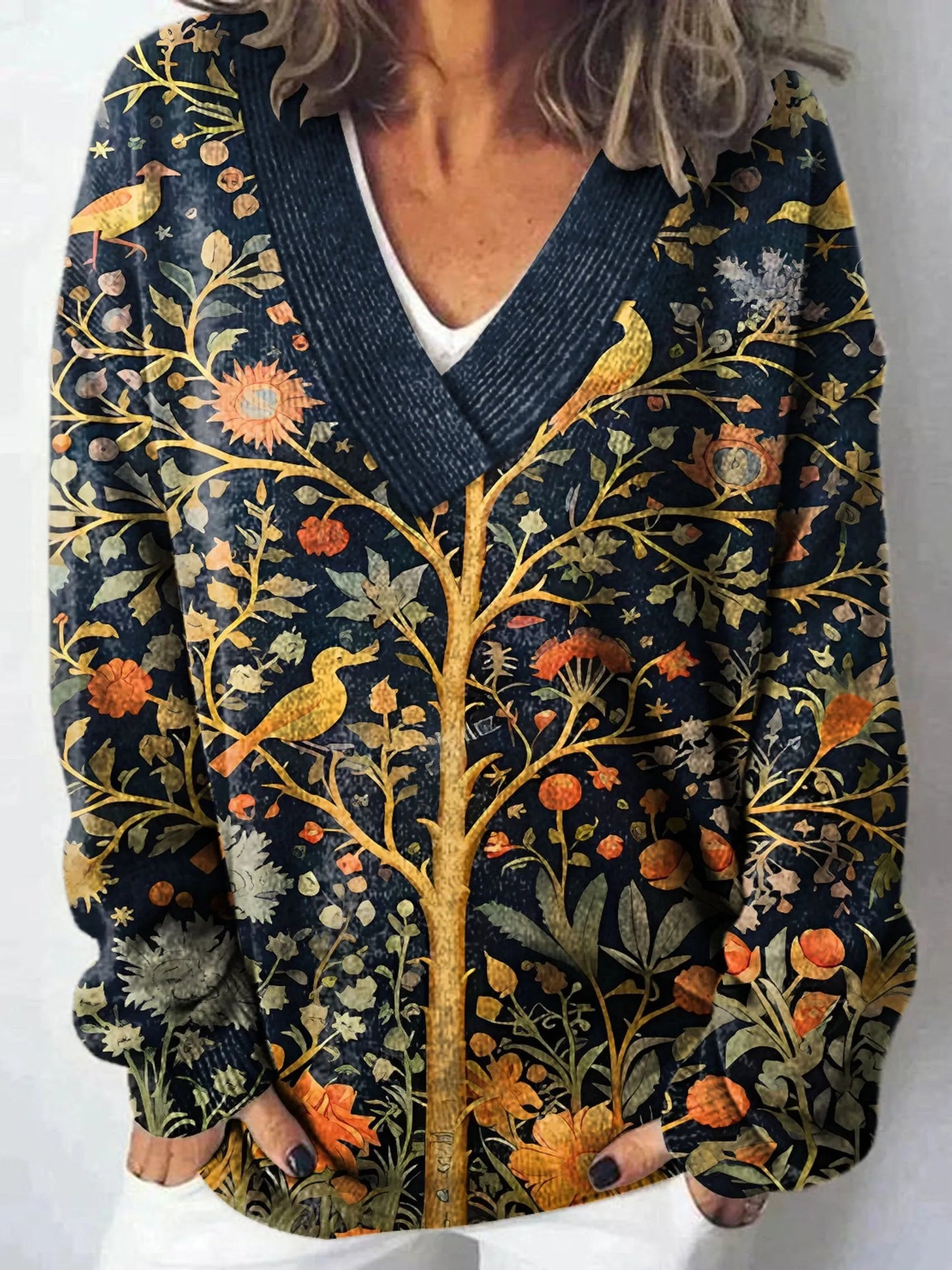 Vintage botanique animal fleur Art Print tricot col en V pull pull