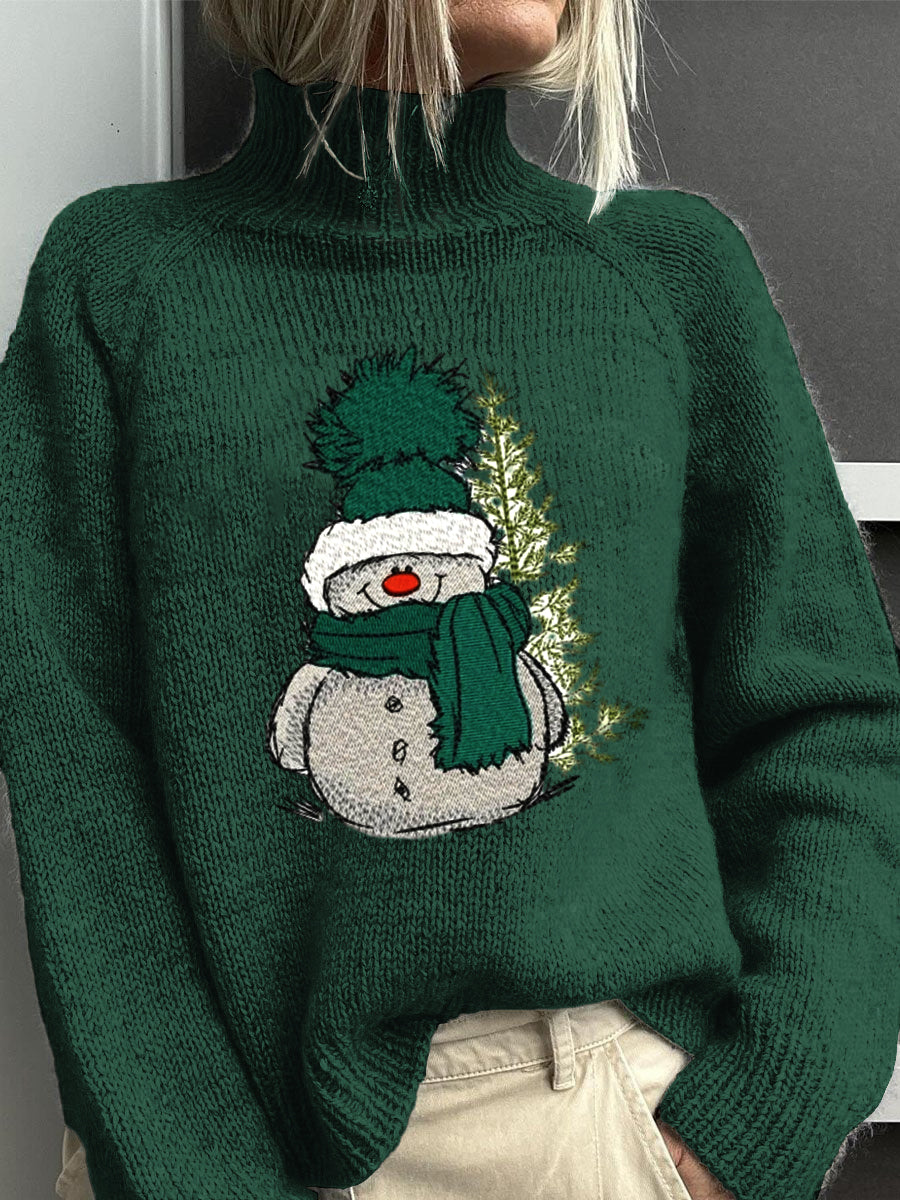 Vintage belle bonhomme de neige broderie Imprimer tricot pull à col roulé des femmes