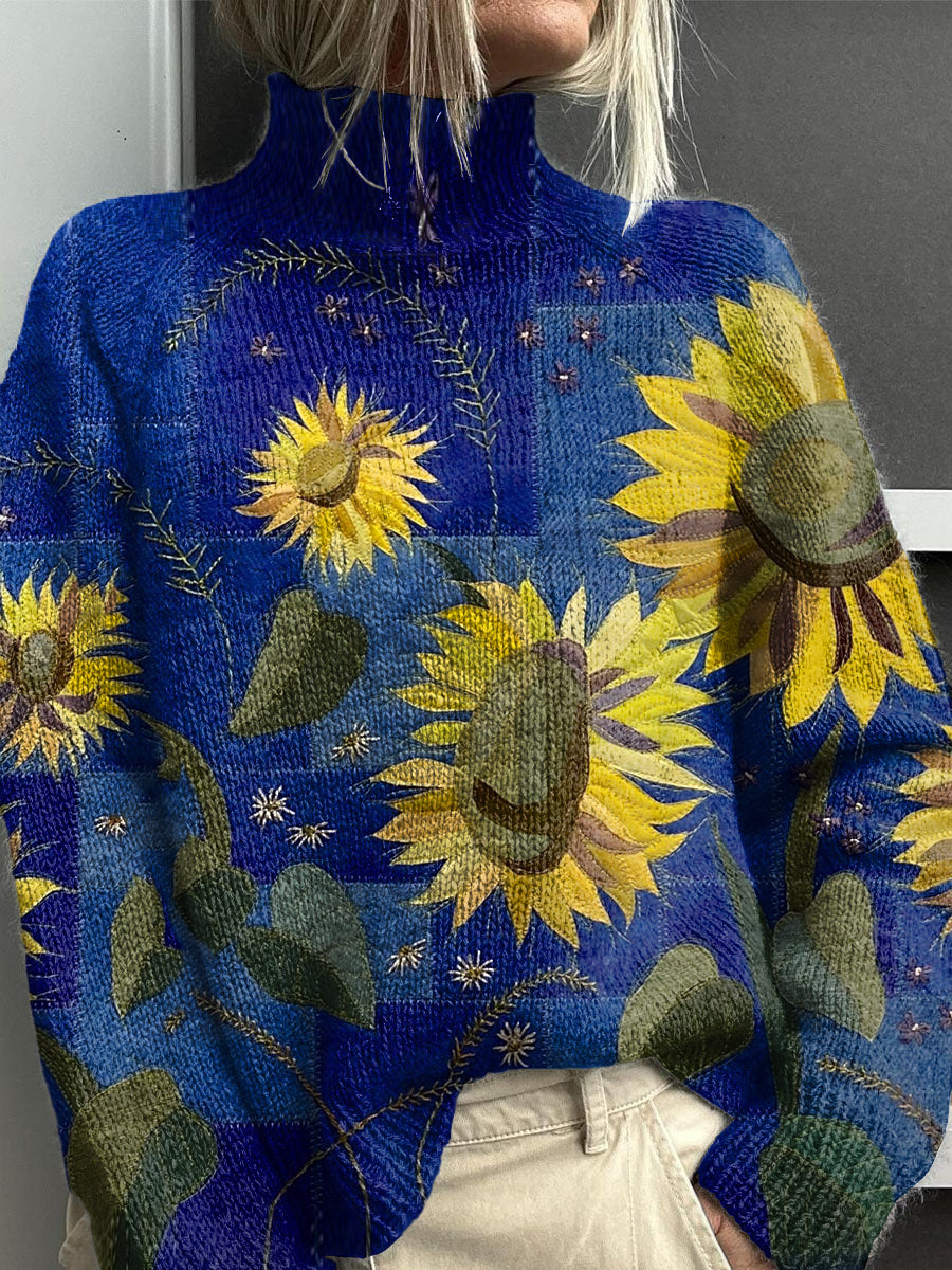 Vintage Lovely Floral Art Print Knit Pull à col roulé pour femmes