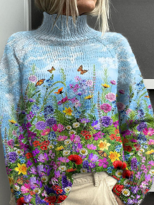 Vintage Lovely Floral Art Print Knit Pull à col roulé pour femmes