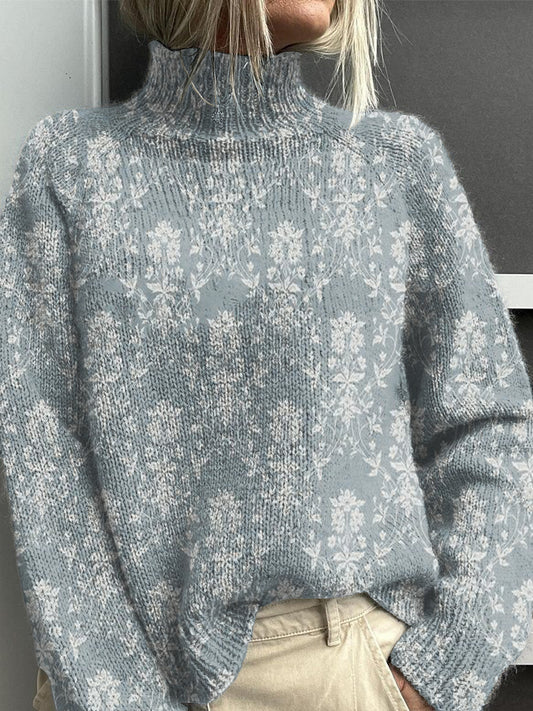 Vintage Lovely Floral Art Print Knit Pull à col roulé pour femmes