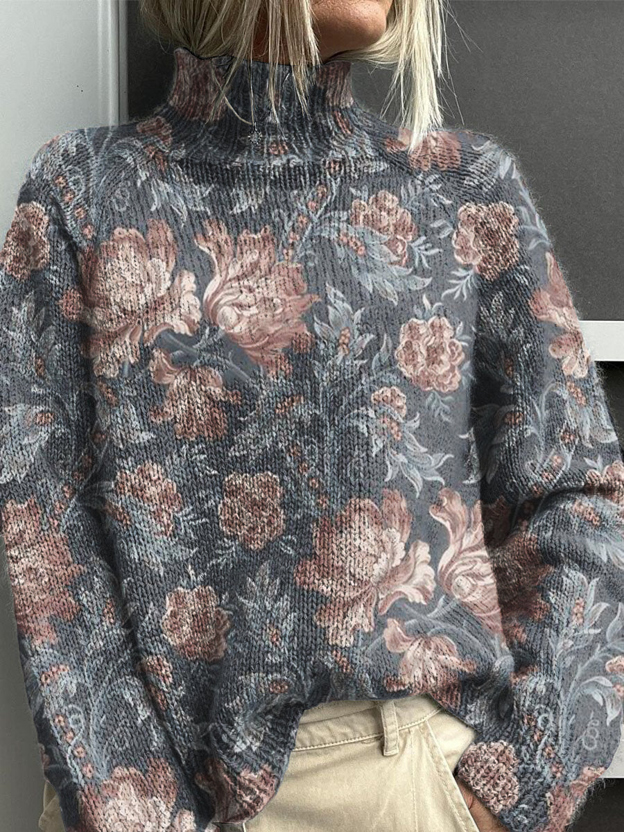 Vintage Lovely Floral Art Print Knit Pull à col roulé pour femmes