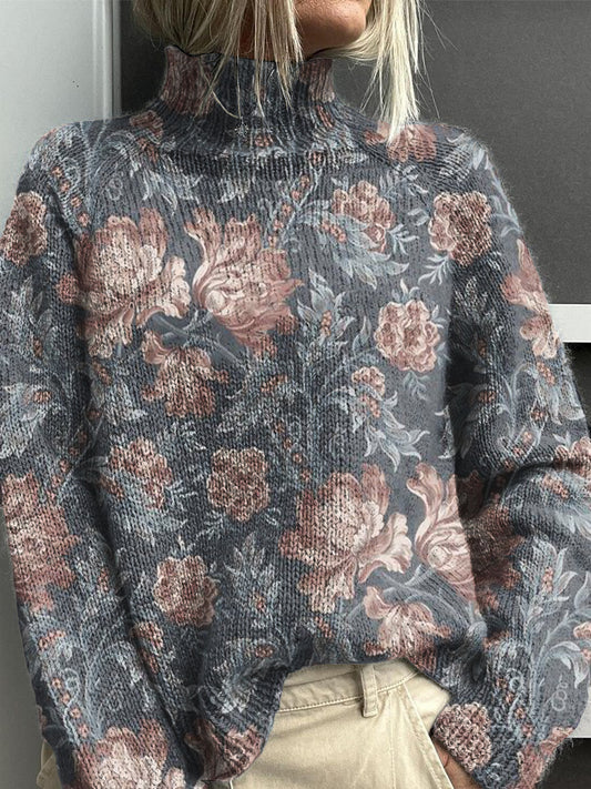 Vintage Lovely Floral Art Print Knit Pull à col roulé pour femmes