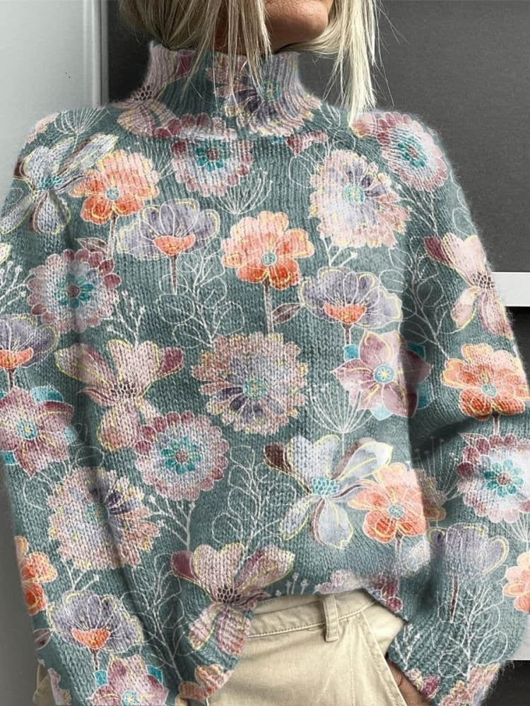 Vintage Lovely Floral Art Print Knit Pull à col roulé pour femmes