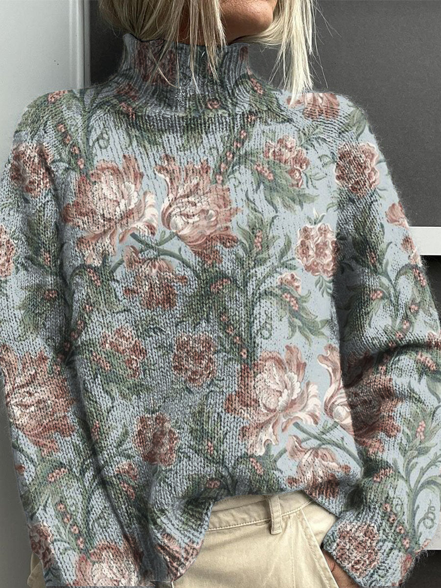 Vintage Lovely Floral Art Print Knit Pull à col roulé pour femmes