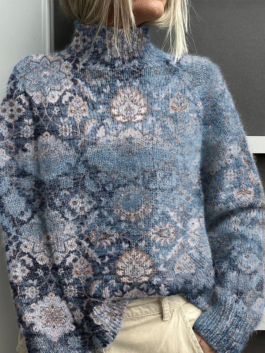 Vintage Lovely Floral Art Print Knit Pull à col roulé pour femmes