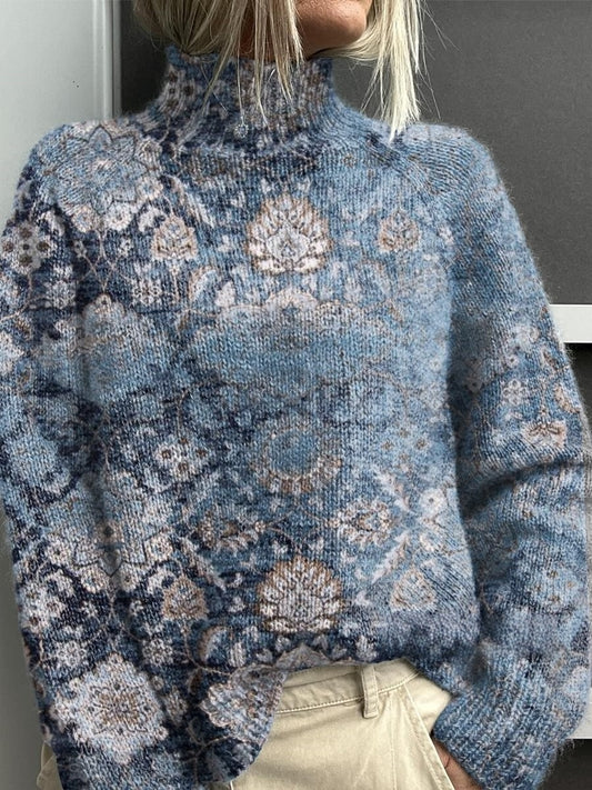 Vintage Lovely Floral Art Print Knit Pull à col roulé pour femmes