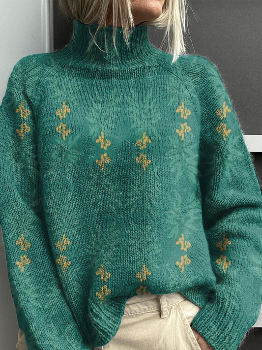 Vintage Lovely Floral Art Print Knit Pull à col roulé pour femmes