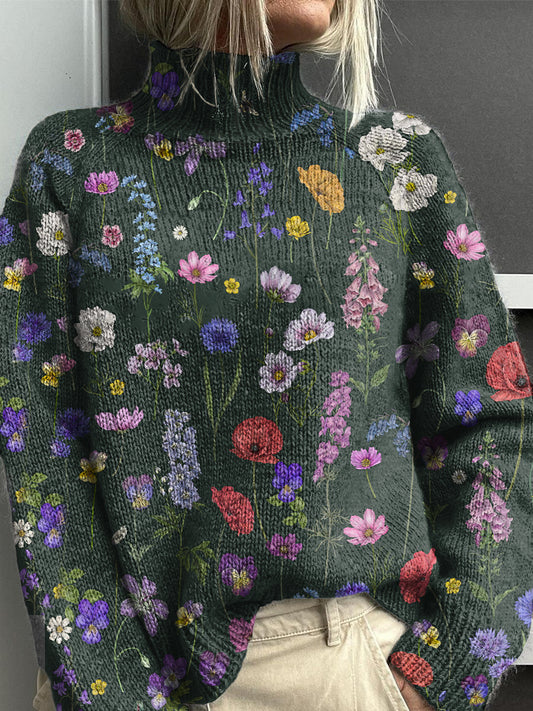 Vintage Lovely Floral Art Print Knit Pull à col roulé pour femmes