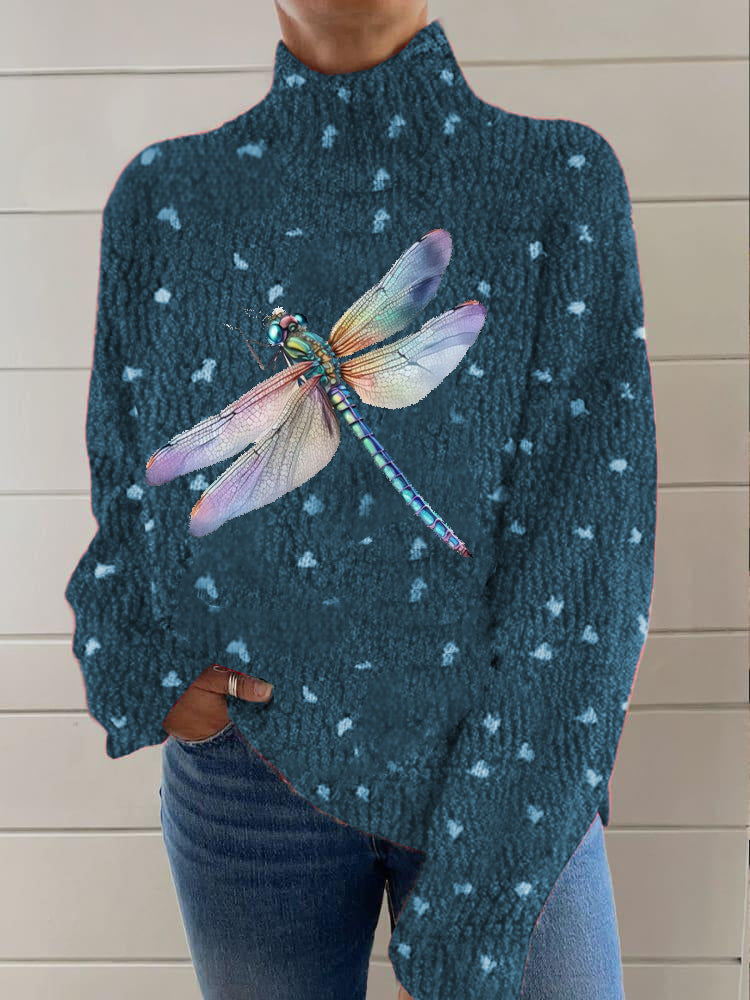 Pull à col roulé en tricot pour femme Vintage Lovely Dragonfly Print