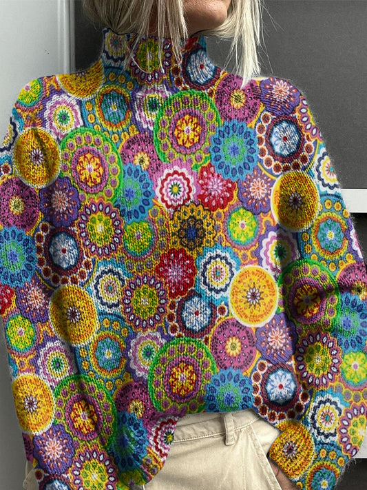 Vintage Color Block Floral Art Imprimer tricot pull à col roulé