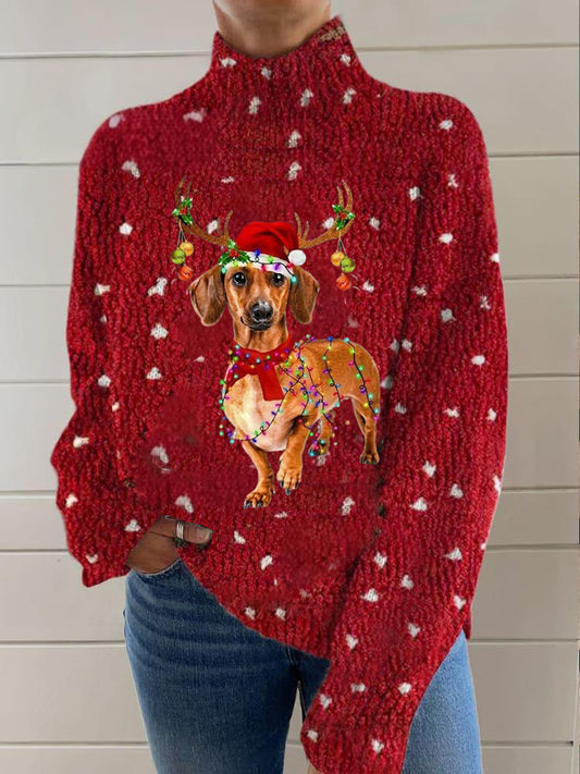 Vintage Lovely Christmas Beagle Print Knit Pull à col roulé pour femmes