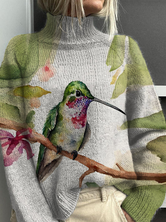 Pull à col roulé en tricot à imprimé oiseau vintage pour femme