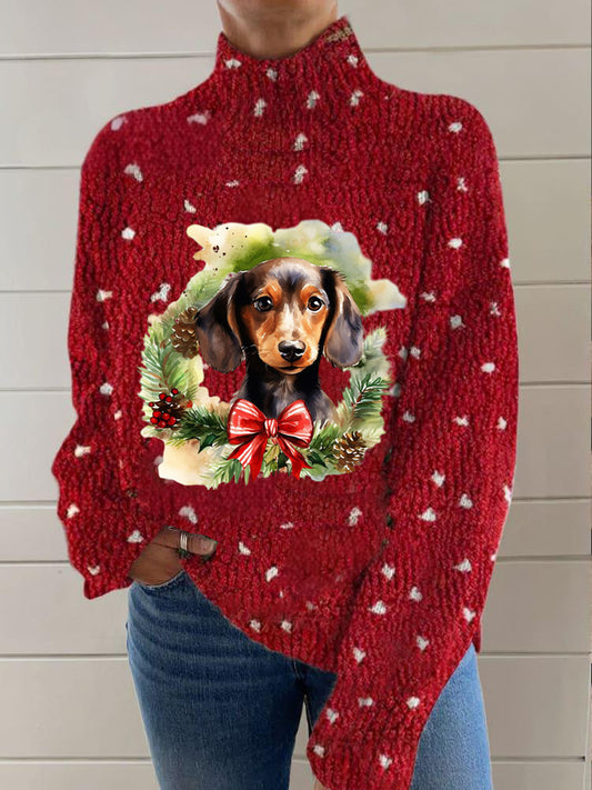 Vintage Lovely Christmas Beagle Print Knit Pull à col roulé pour femmes