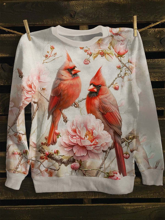 Sweat décontracté unisexe à imprimé floral oiseau rouge vintage