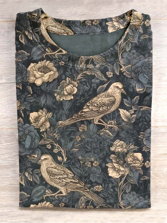 T-shirt décontracté à imprimé floral et oiseau vintage unisexe