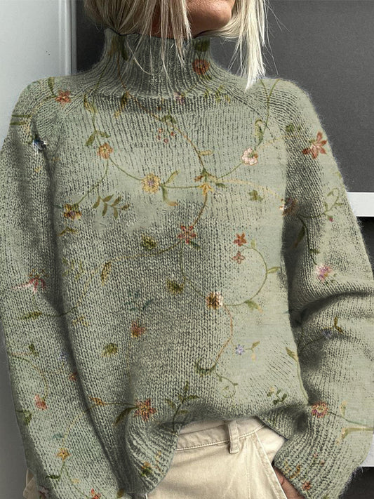 Vintage Lovely Floral Art Print Knit Pull à col roulé pour femmes