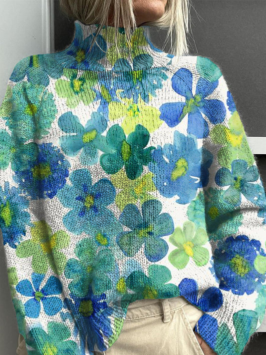 Vintage Lovely Floral Art Print Knit Pull à col roulé pour femmes