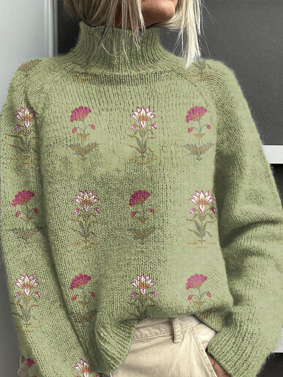 Vintage Lovely Floral Art Print Knit Pull à col roulé pour femmes