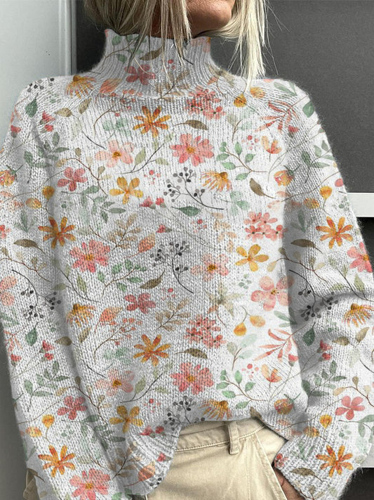 Vintage Lovely Floral Art Print Knit Pull à col roulé pour femmes