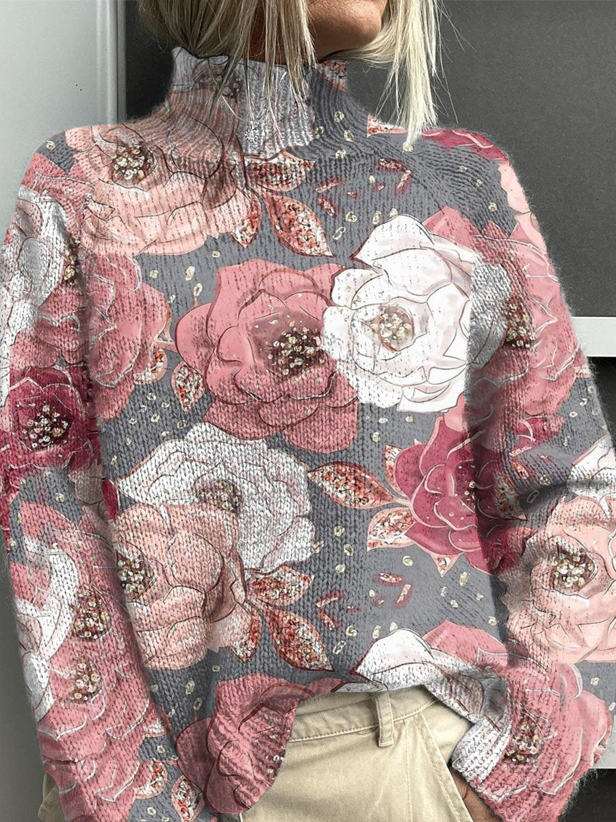 Pull col roulé en tricot imprimé fleur du cancer du sein vintage pour femmes