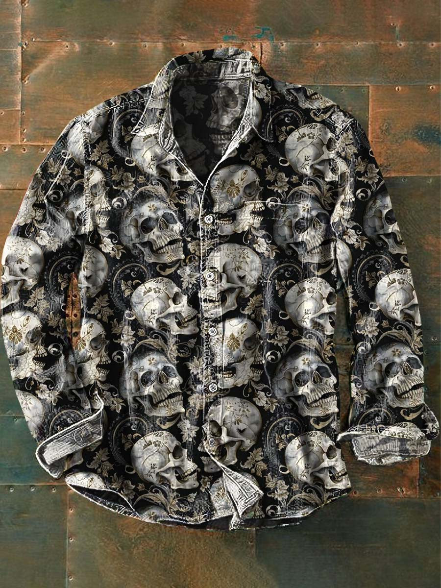 Chemise à manches longues décontractée Vintage Skull Floral Print pour hommes