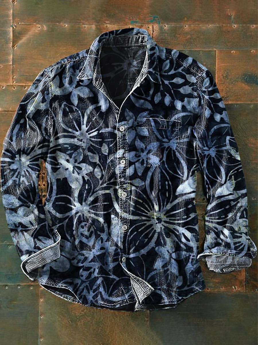 Chemise décontractée à manches longues vintage à imprimé floral pour hommes