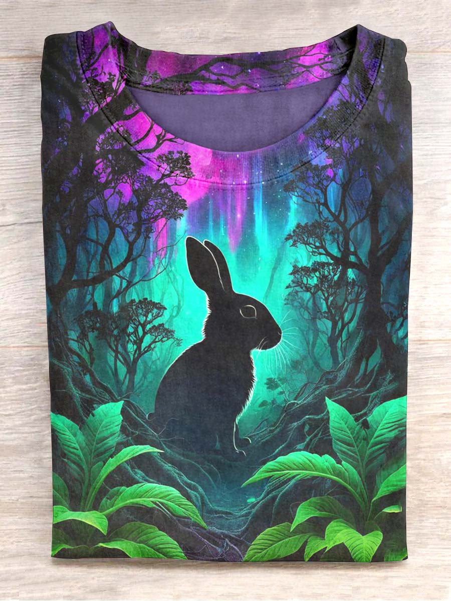 T-shirt unisexe à manches courtes décontracté imprimé lapin de la forêt fluorescente