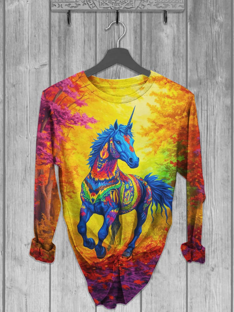 T-shirt décontracté unisexe à manches longues imprimé licorne abstraite