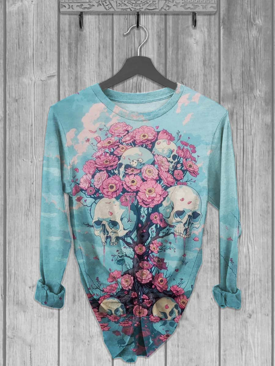 T-shirt unisexe Skull Tree Print Casual à manches longues