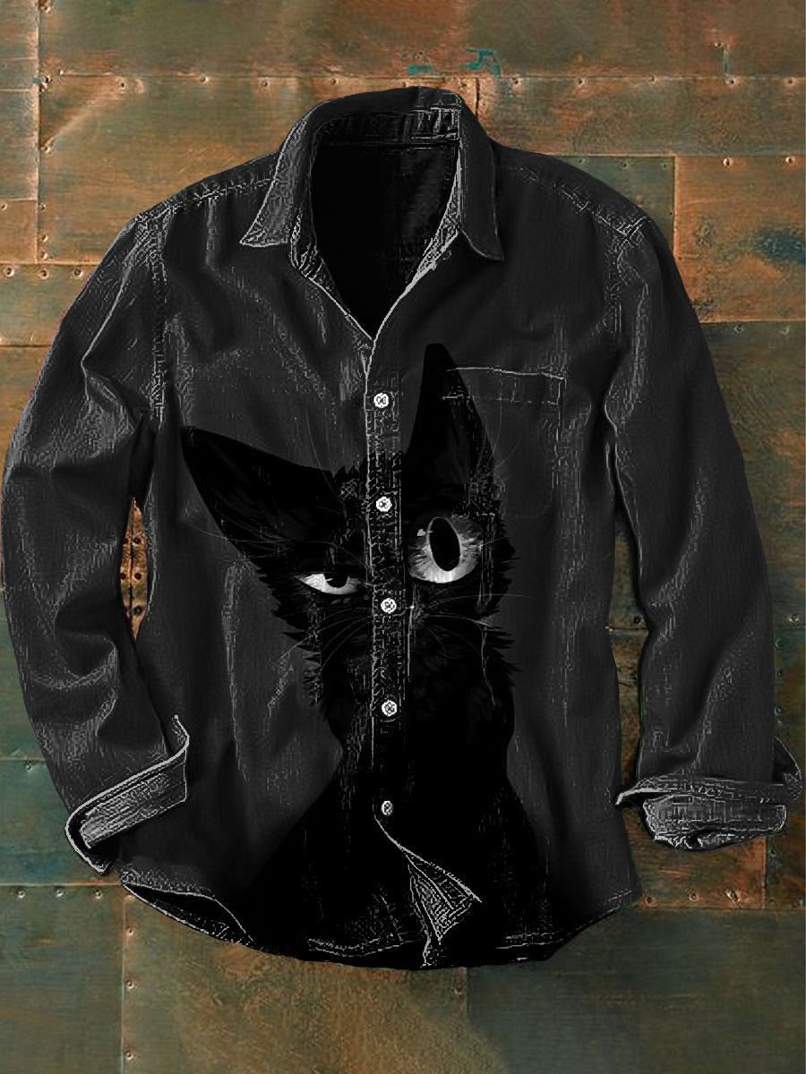 Chemise à manches longues décontractée Vintage Punk Dark Cat Art Print pour hommes