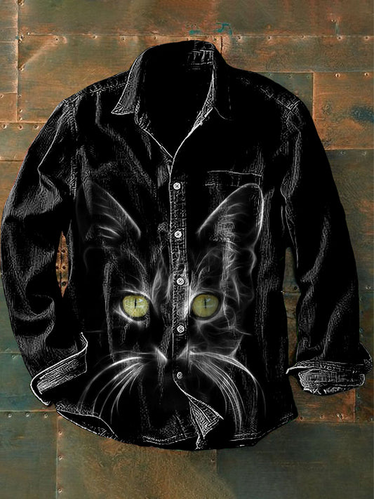 Chemise à manches longues décontractée Vintage Punk Dark Cat Art Print pour hommes