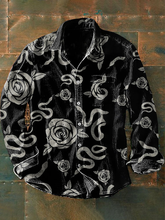 Chemise à manches longues décontractée Vintage Punk Dark Rose Snake Art Print pour hommes