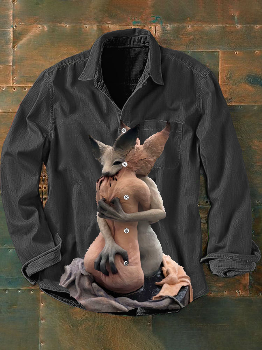 Vintage Punk Fox Statue humanité Art Print Casual chemise à manches longues pour hommes