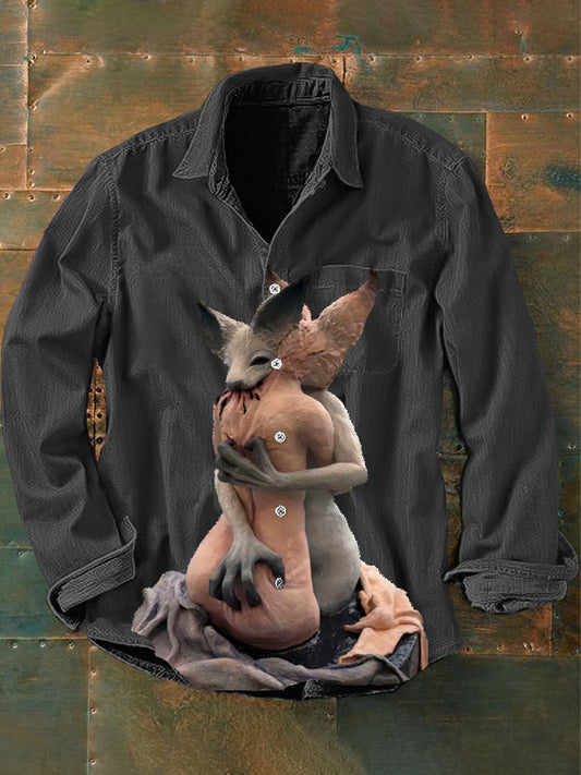 Vintage Punk Fox Statue humanité Art Print Casual chemise à manches longues pour hommes