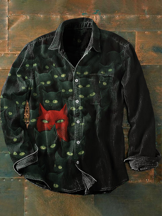 Chemise à manches longues décontractée Vintage Punk Dark Cat Art Print pour hommes