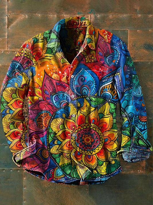 Chemise à manches longues Casual Vintage Psychedelic Hippie Colorful Flower Print pour hommes